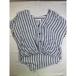 ANA A New Approach Womens Small Navy Blue White Striped Twist Front Button Top